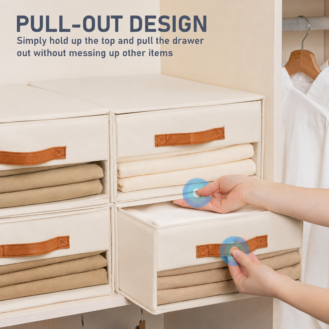 Foldable Fabric Clothing Storage Drawer with Front Pull Handle, Beige