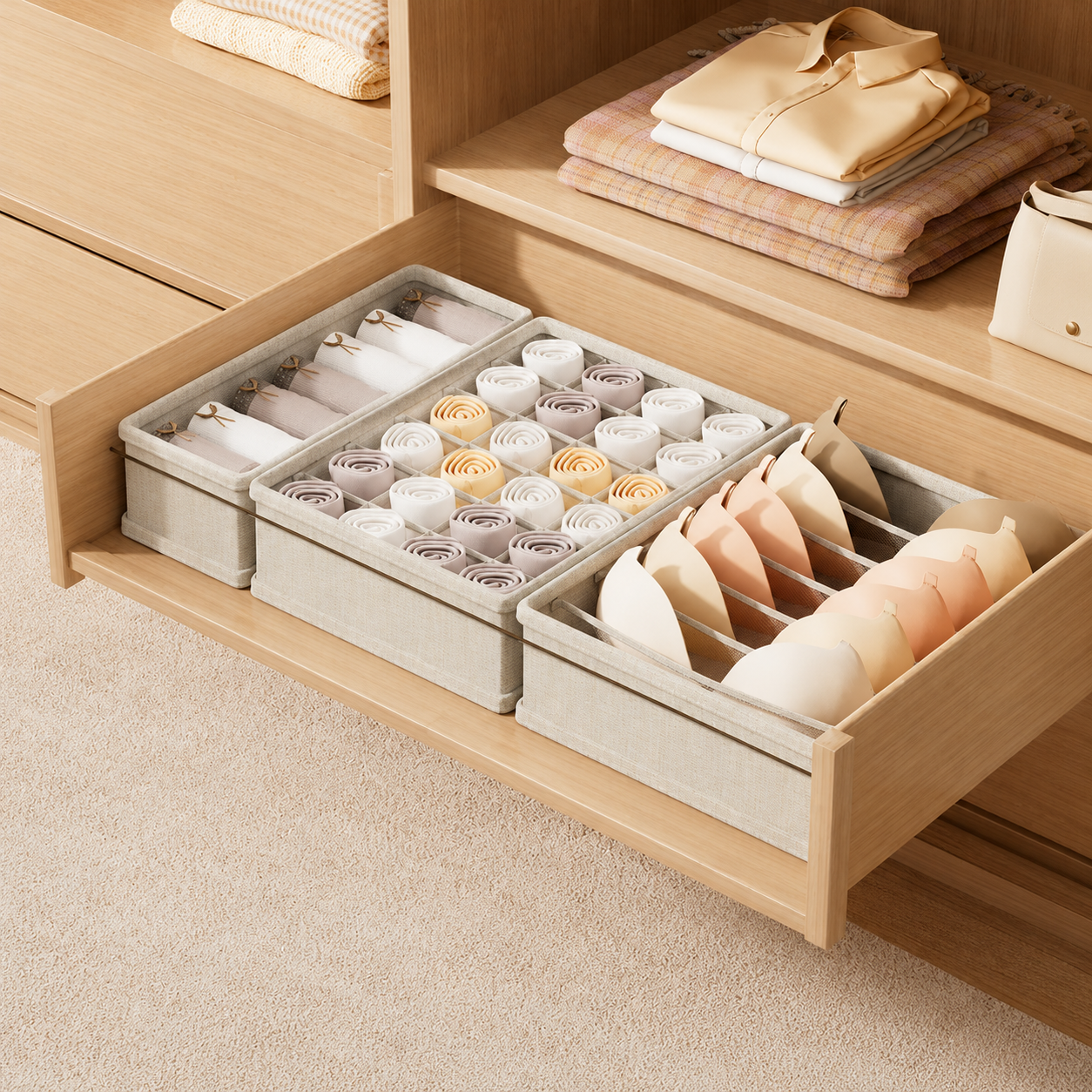 16-Compartment Foldable Bra and Underwear Drawer Organizer, Beige