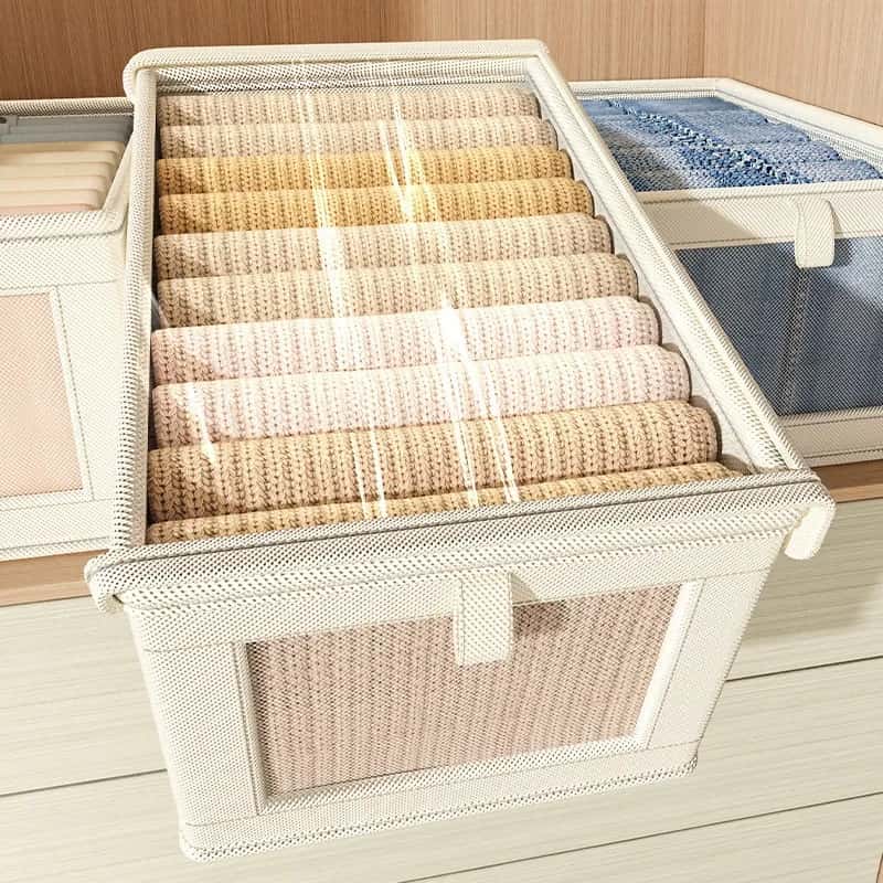 Beige Foldable Oxford Fabric Clothing Storage Box with Clear Lid and Front Handle