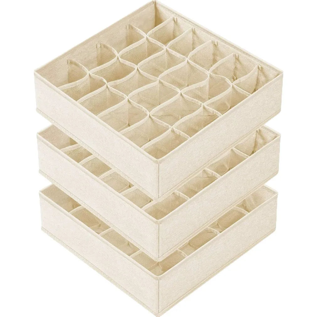 Beige 3-Piece Fabric Drawer Organizer Set with 64 Divided Compartments for Underwear, Socks and Accessories