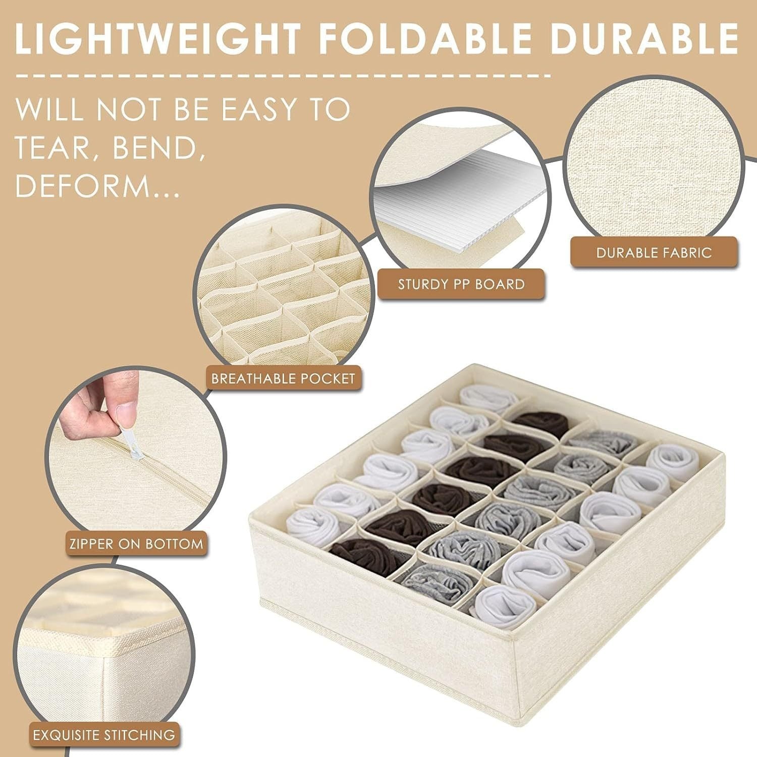 Beige 3-Piece Fabric Drawer Organizer Set with 64 Divided Compartments for Underwear, Socks and Accessories