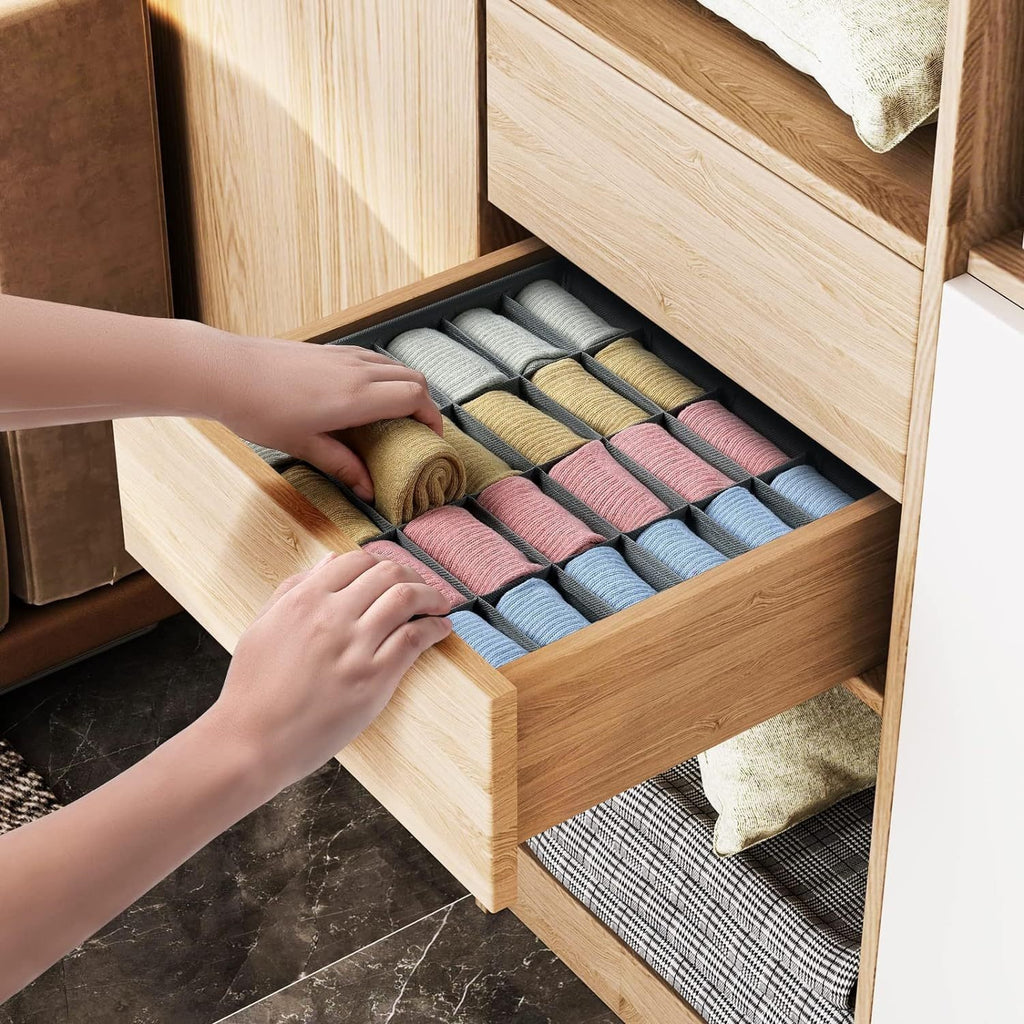 Beige 3-Piece Fabric Drawer Organizer Set with 64 Divided Compartments for Underwear, Socks and Accessories