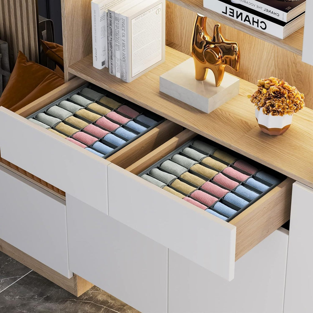 Beige 3-Piece Fabric Drawer Organizer Set with 64 Divided Compartments for Underwear, Socks and Accessories