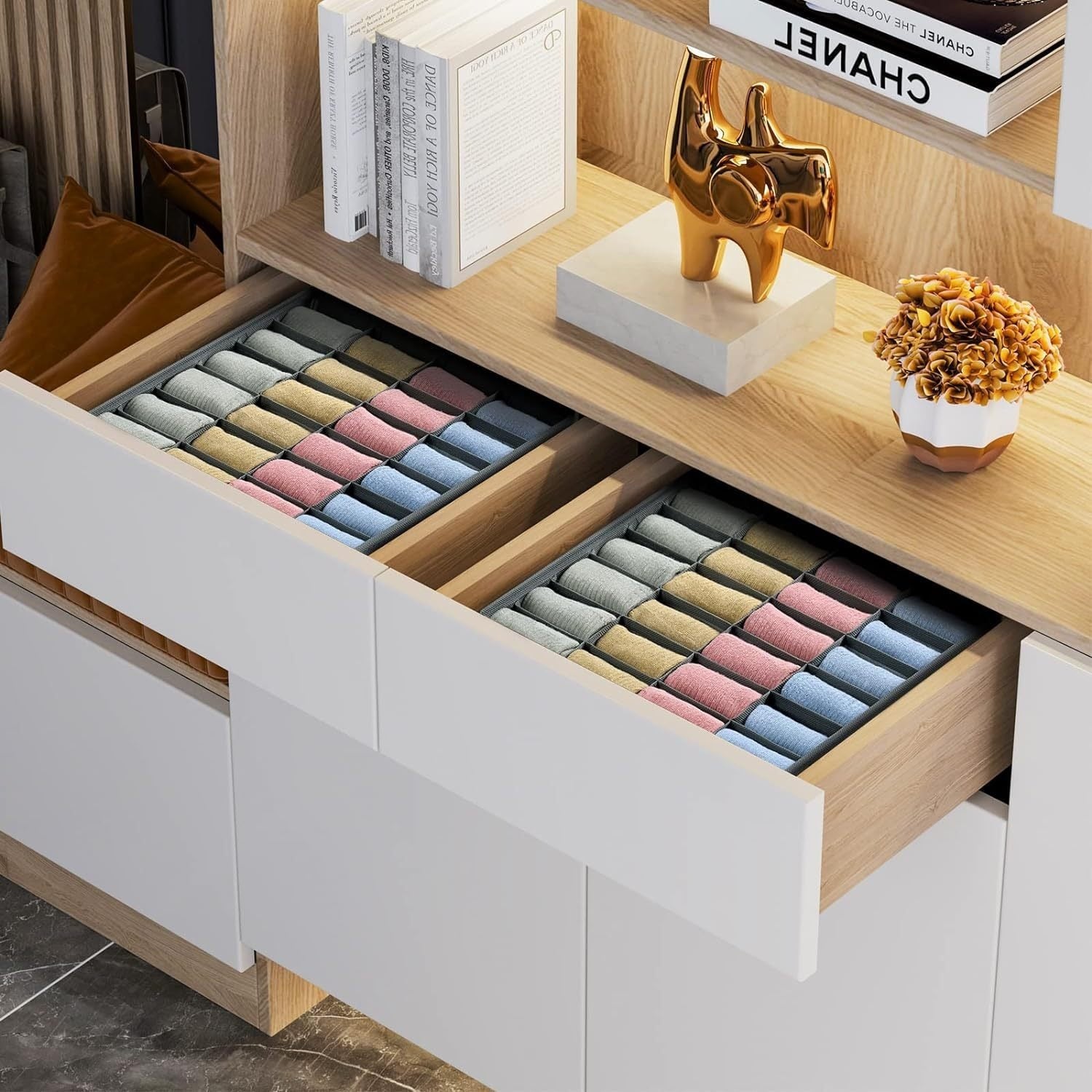 Beige 3-Piece Fabric Drawer Organizer Set with 64 Divided Compartments for Underwear, Socks and Accessories