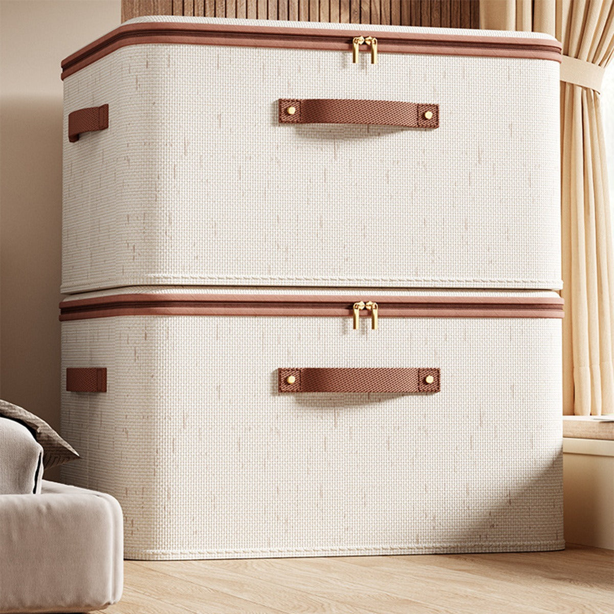 56L Fabric Clothing Storage Box with Zippered Lid and Carry Handles, Beige and Brown