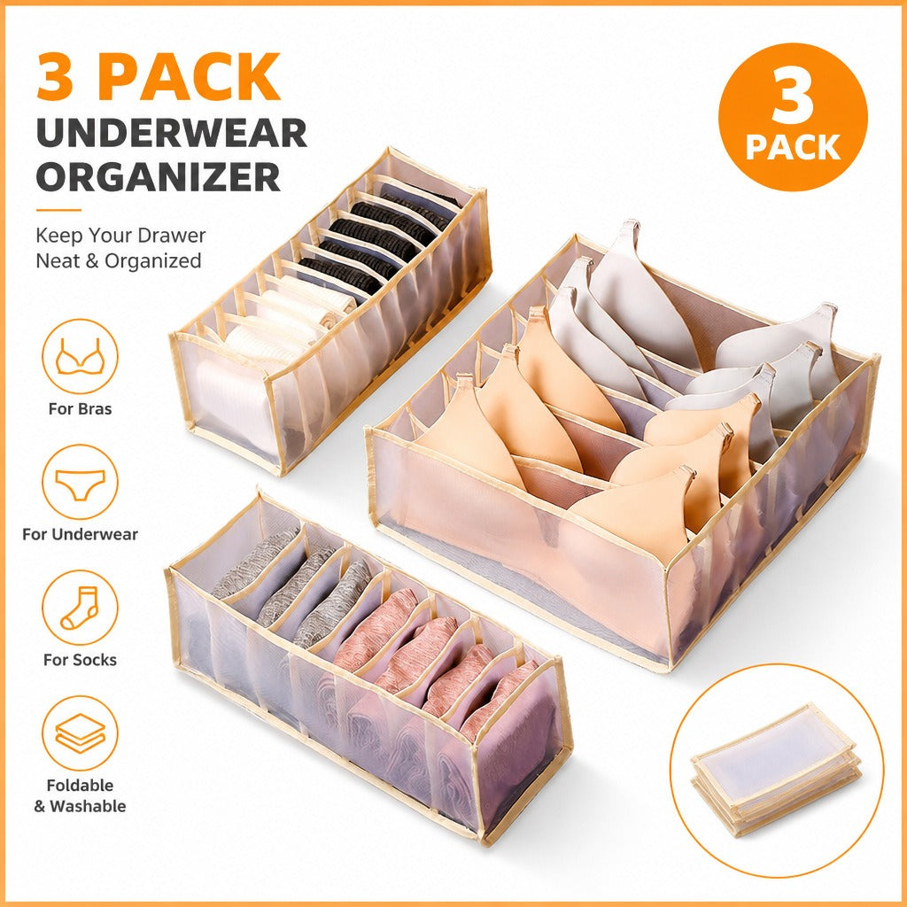 Beige 3-Piece Mesh Drawer Organizer Set with Divided Compartments for Bras, Underwear and Socks, 12.6 in Length