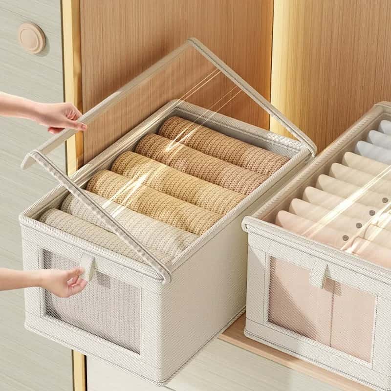 Beige Foldable Oxford Fabric Clothing Storage Box with Clear Lid and Front Handle